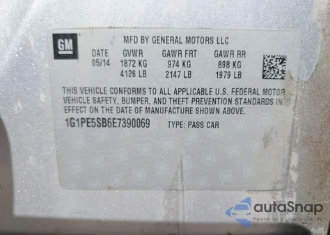 2014 Chevrolet Cruze 2Lt Auto z USA, uszkodzony, nr VIN 1G1PE5SB6E7390069